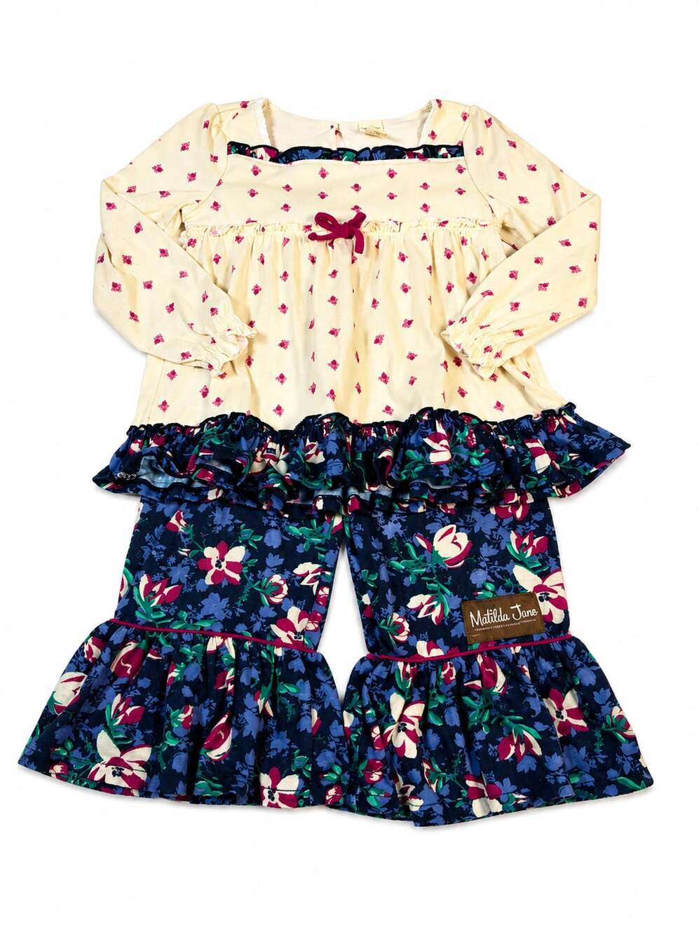 Matilda Jane Sleeping Angel Pajama Top, Cream and Floral Ruffle Long Sleeve Shir